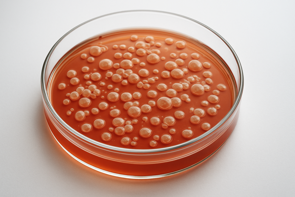 Petri dish filled with a bubbly red liquid