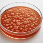 Petri dish filled with a bubbly red liquid