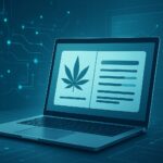 A laptop displaying a cannabis leaf and text in a high-tech environment with digital connections.