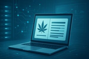 A laptop displaying a cannabis leaf and text in a high-tech environment with digital connections.