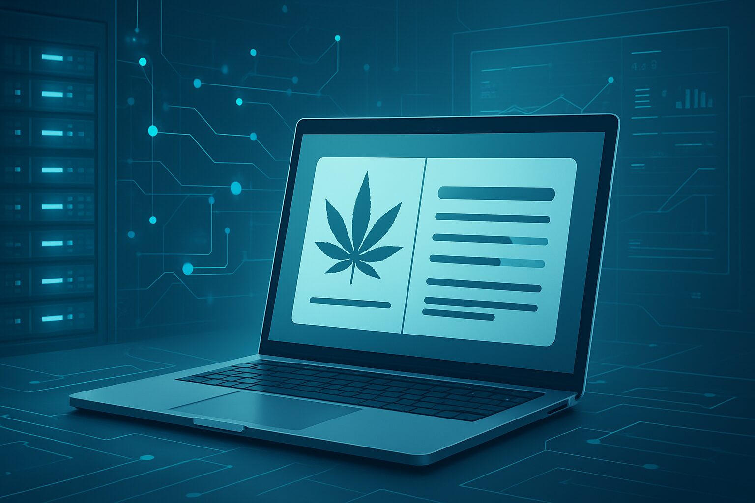 A laptop displaying a cannabis leaf and text in a high-tech environment with digital connections.